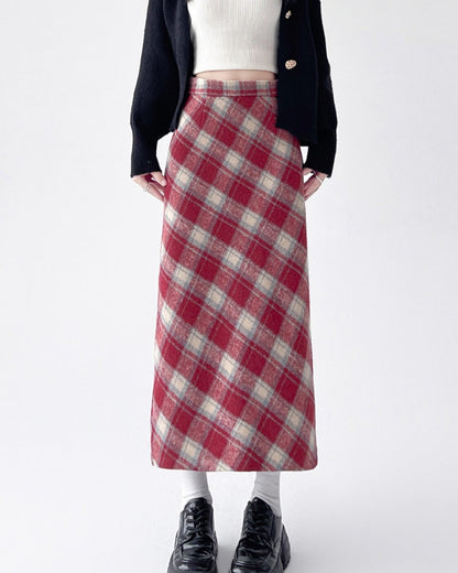 2025 Autumn Vintage Woolen Plaid Skirts Lady Elegant High Waist Slimming A-Line Skirt Women Korean Streetwear Slit Long Skirt