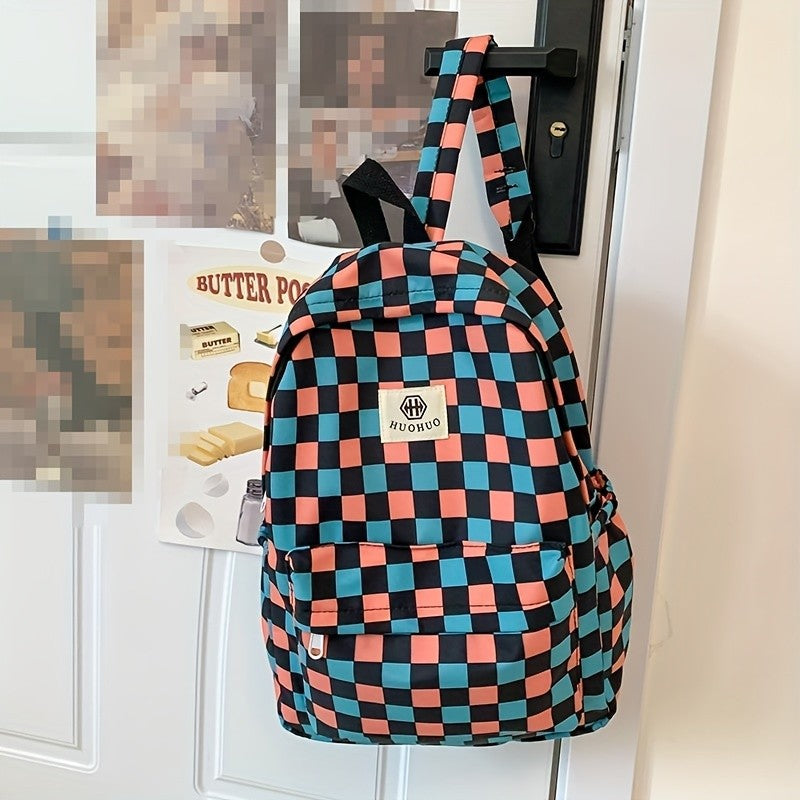 Mochila de lazer coreana com design xadrez de cores contrastantes, mochila diária do mesmo estilo, mochila casual simples para ensino médio e fundamental