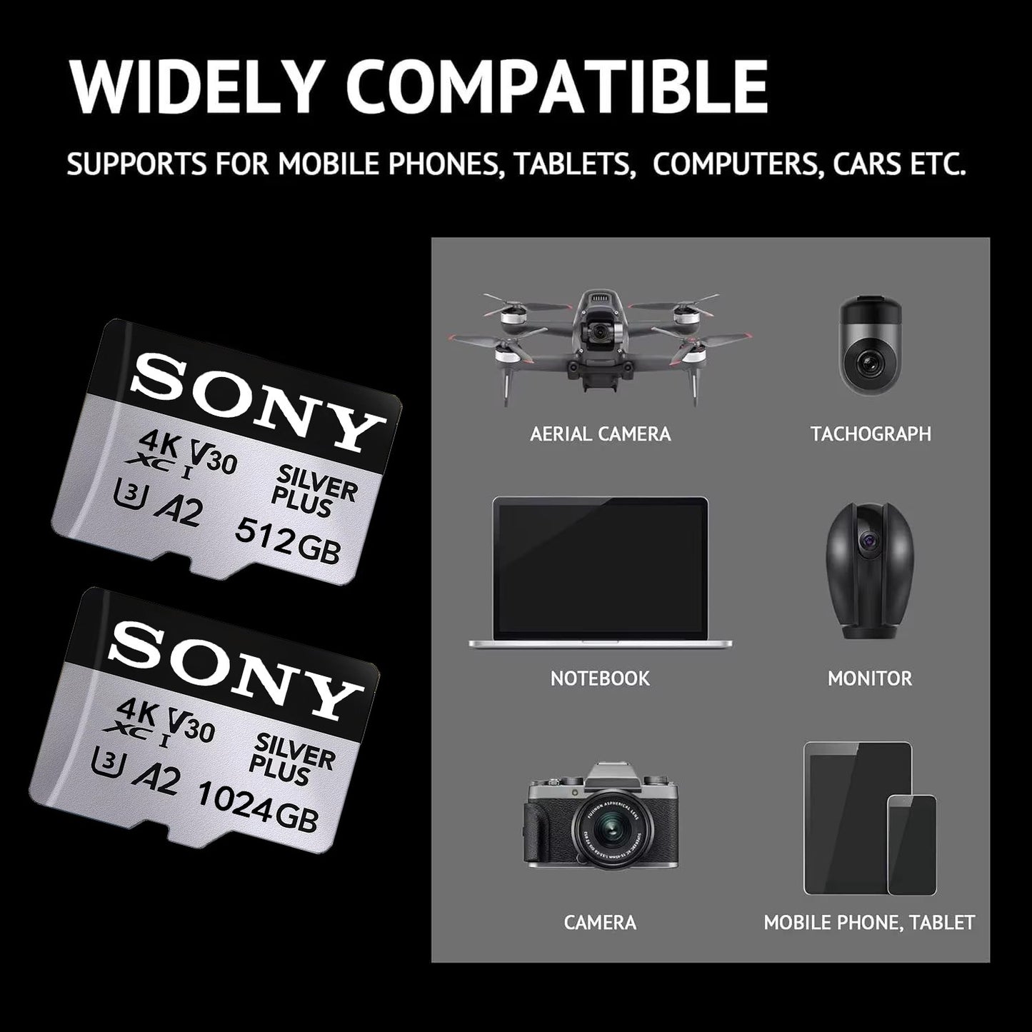 Cartão Micro Memória Sony 64GB 128GB 256GB 512GB 1TB Cartão SD C10 de Alta Velocidade TF Flash para Câmera de Monitoramento de Telefone Cartão Mini SD
