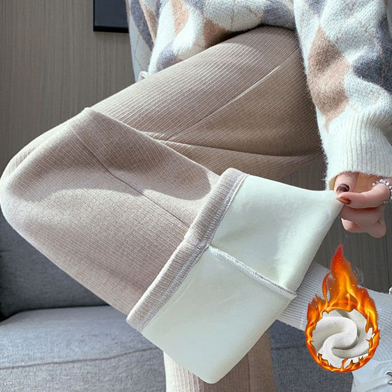 Winter Lady Korean Fashion High Waist Fleece Pants Women Slim Fit Straight Leg Plush Trousers Girls Snow Warm Casual Pants