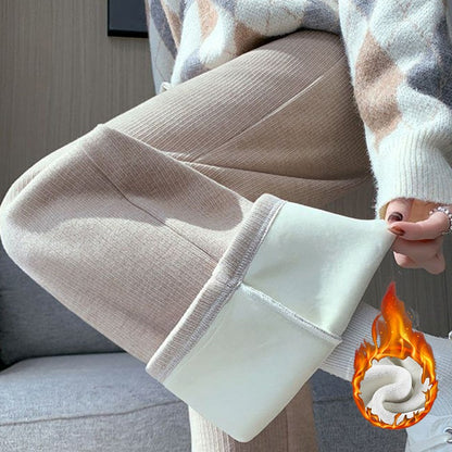 Winter Lady Korean Fashion High Waist Fleece Pants Women Slim Fit Straight Leg Plush Trousers Girls Snow Warm Casual Pants
