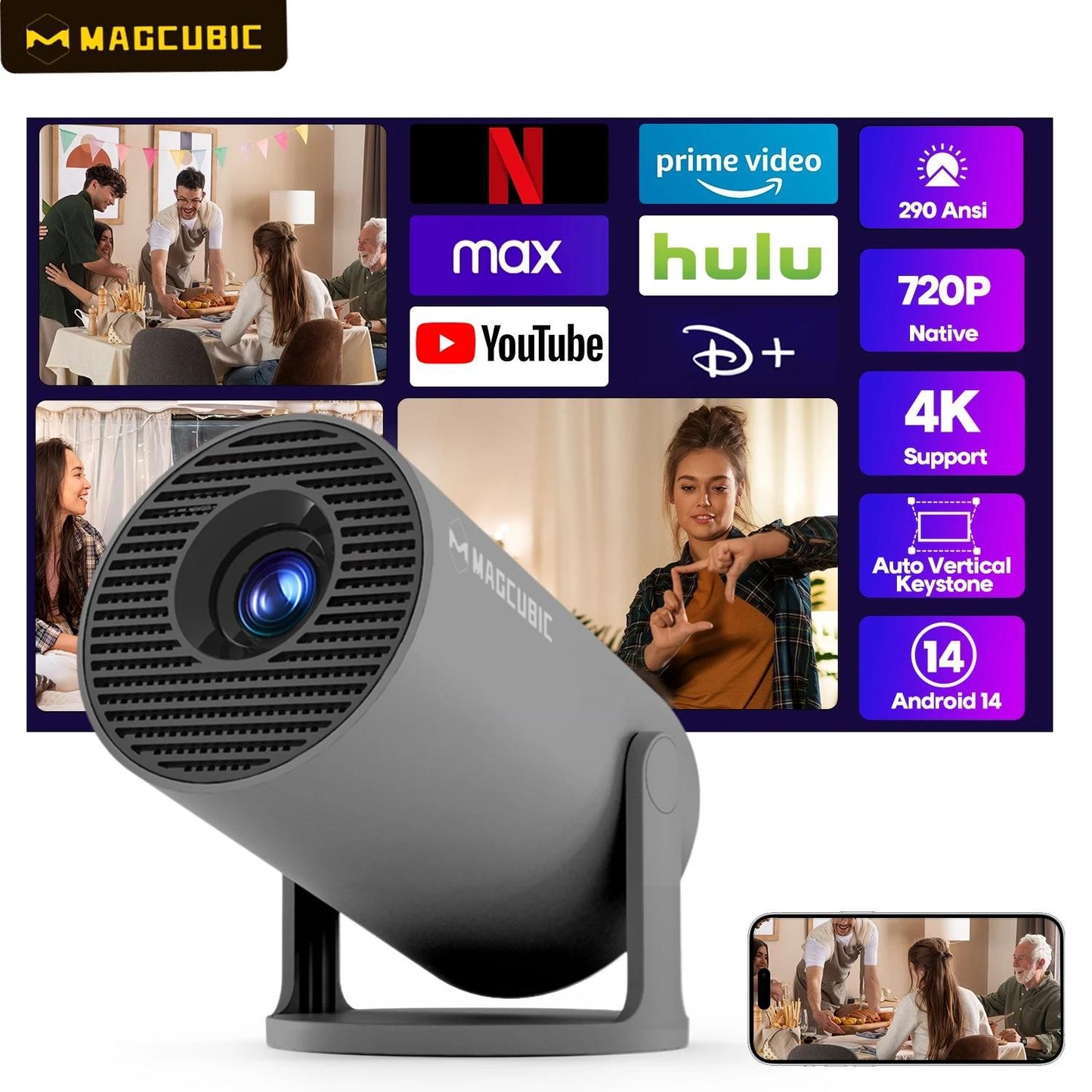 Projetor Magcubic 8K Android 14 HY300 Pro Dual Wifi6 290 ANSI Allwinner H726 BT5.4 1280*720P Cinema Externo Portátil