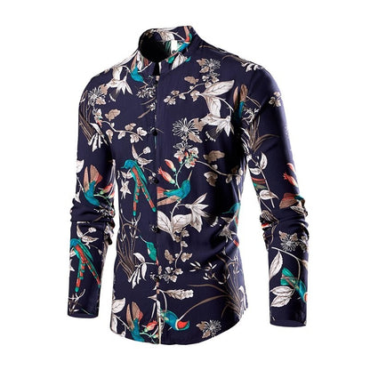 Chinese Style Men's Stand-up Collar Long-sleeved Shirt, Single-breasted Printed Shirts, Fashion Casual Camisas, Red Green Blue
