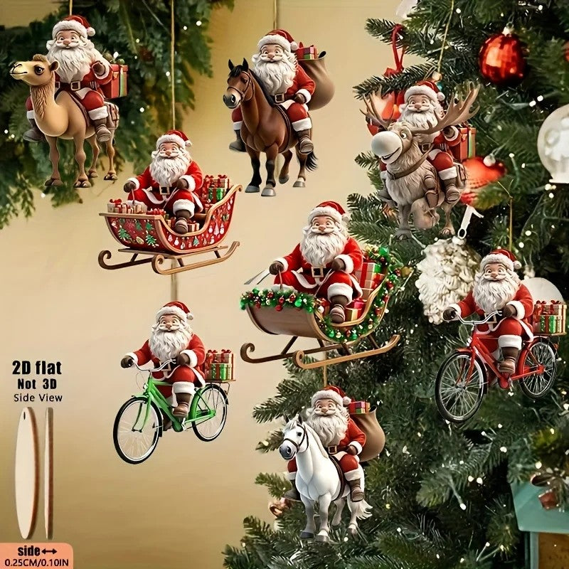 8pcs Different Riding Tools 2D Flat Santa Claus Wooden Ornament Set - Perfect for Holiday Home Decorations and Christmas Trees