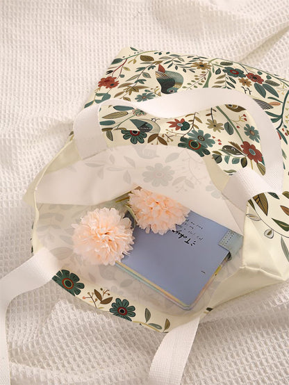 Bird and flower pattern printed casual handbag, reusable fashionable backpack, multifunctional handbag, canvas shopping bag