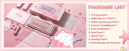 Teclado Mecânico Sem Fio Rosa YUNZII C75, Teclado RGB Hotswap Cremoso 75%, Suporte Gasket Design Cute Cake para Win/Mac/Gaming