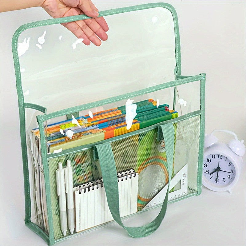 Clear Tote File Bag - Waterproof, Large Capacity, for School, Office, Travel, Document Organizer, Hand Carry Handle (Tran