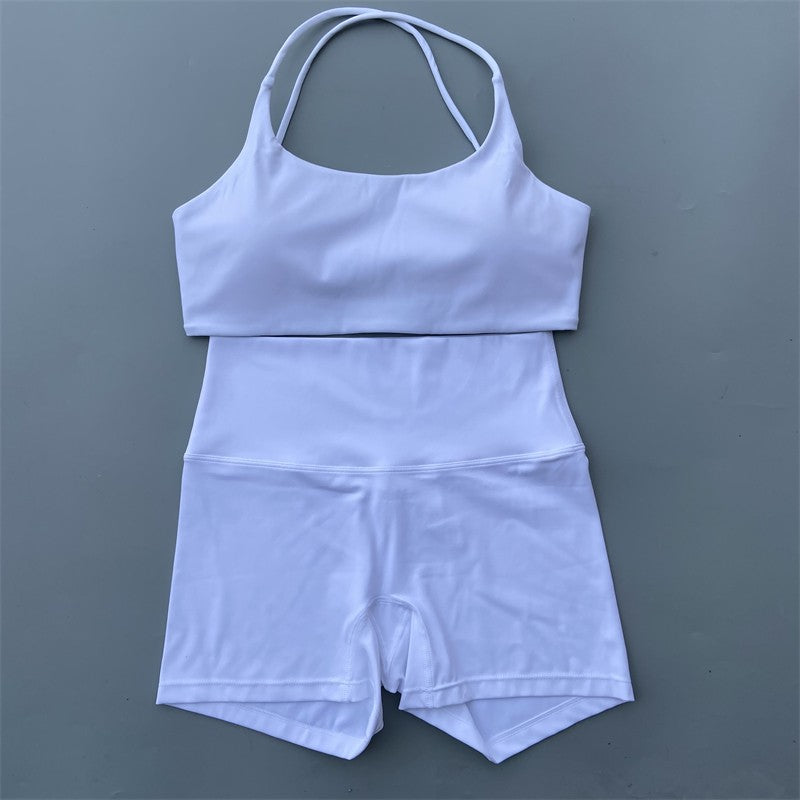 Yoga Shorts Set Gym Two Piece Sports Set Women Workout Outfit Fitness Suit Cross Straps Bra High Waist Shorts Running Tracksuit