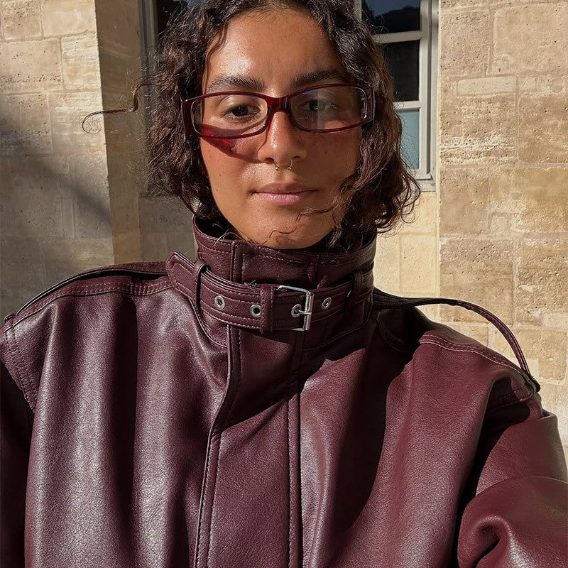 Fashion PU Leather Stand Up Coat for Women Casual Long Sleeve Zipper Lady Jackets 2025 Autumn New Female Outerwear High Street