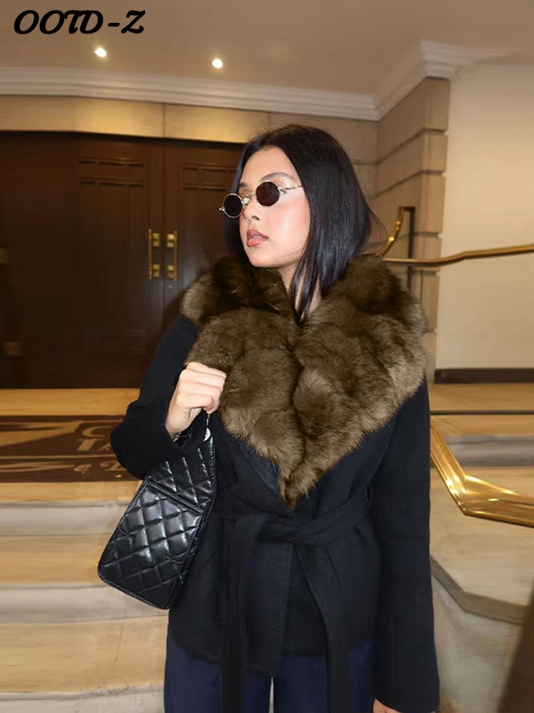 Elegant Faux Fur Lace Up Woolen Coat Women Shawl Collar Belted Waist Full Sleeve Coats Female Autumn Winter Fashion Lady Outwear