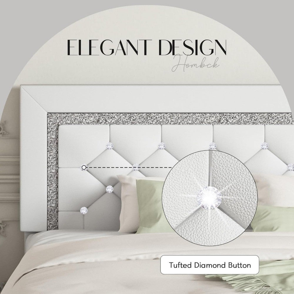 Cama King Size com Estrutura e Cabeceira Diamante, Plataforma Estofada em Couro Sintético, Base para Colchão, Não Requer Box Spring,
