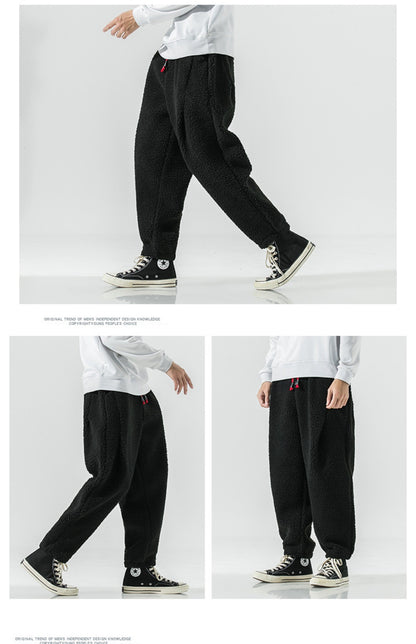 Winter Men's Lamb Wool Casual Pants Fleece Warm Elastic Waist Sweatpants Solid Thick Harem Pants Male Vintage Joggers Trousers