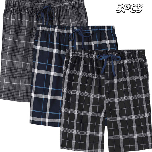 3pcs Mens Pajama Pants Woven 100% Cotton Classic Plaid Shorts Sleepwear Casual  Comfortable with Button and Drawstring Pockets