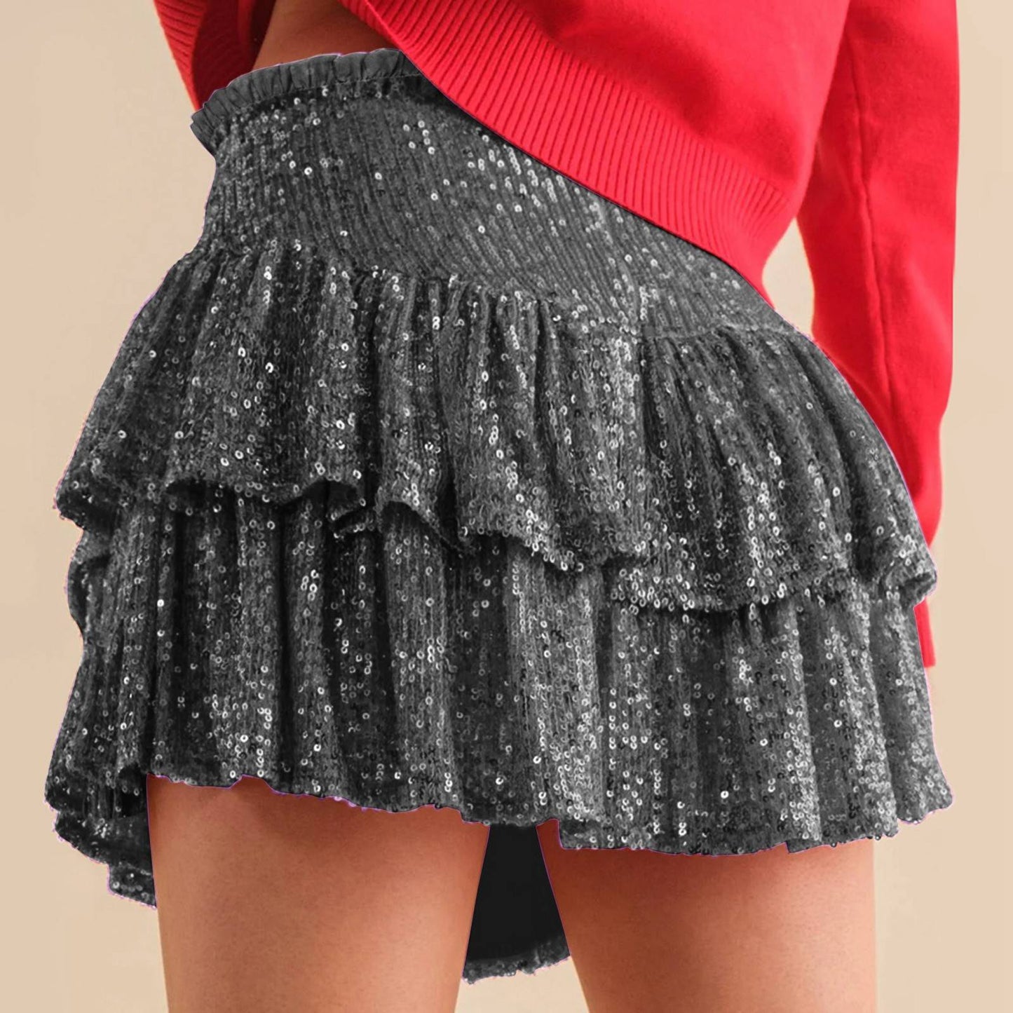 Women's Fashion Short Skirt Solid Pleated High Waist Skirts Classic Sequins Dance Party Sexy All-Match Skirts Plus Size L-3XL
