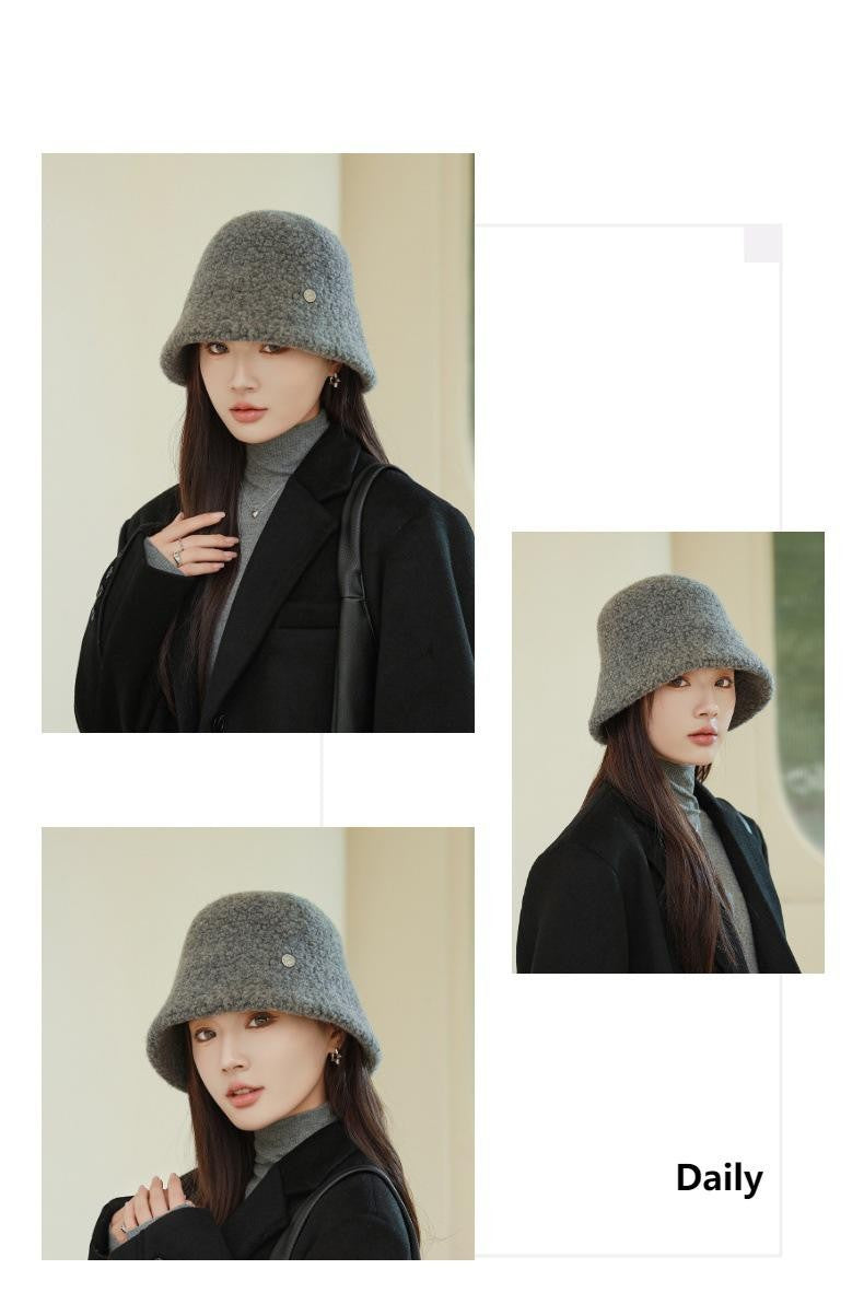 Chapéu Bucket Feminino Outono Inverno Lã Aba Larga Quebra-Sol Bob Cap Manter Quente Casual Vintage Acessórios de Chapéu Feminino