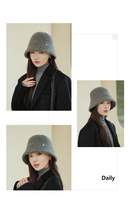 Chapéu Bucket Feminino Outono Inverno Lã Aba Larga Quebra-Sol Bob Cap Manter Quente Casual Vintage Acessórios de Chapéu Feminino