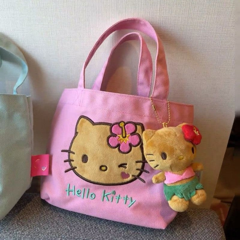 Hawaiian Pink Flowers Brown Leather Hello Kitty Storage Bag Cosmetic Bag Kawaii Cartoon Japanese Hello Kitty Storage Bag Gift