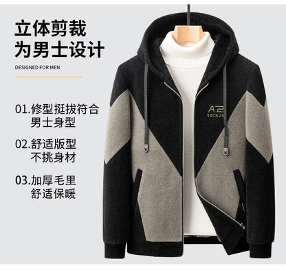 Winter Patchwork Woolen Jacket Men Hooded Short Trench Coat Thickened Warm Casual Business Social Overcoat