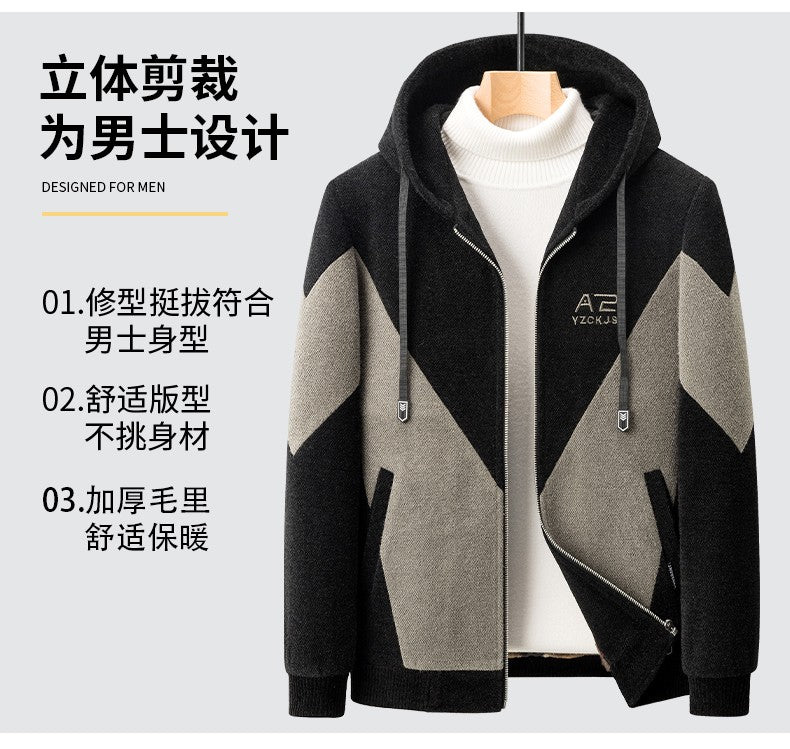 Winter Patchwork Woolen Jacket Men Hooded Short Trench Coat Thickened Warm Casual Business Social Overcoat
