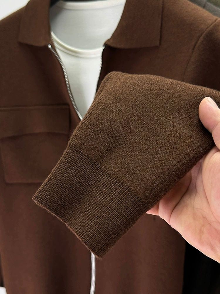 Premium Zipper Collar Wool Cardigan Men's Casual Coat Autumn/Winter Luxury Pocket Design Solid Color Casual Warm Sweater Jacket