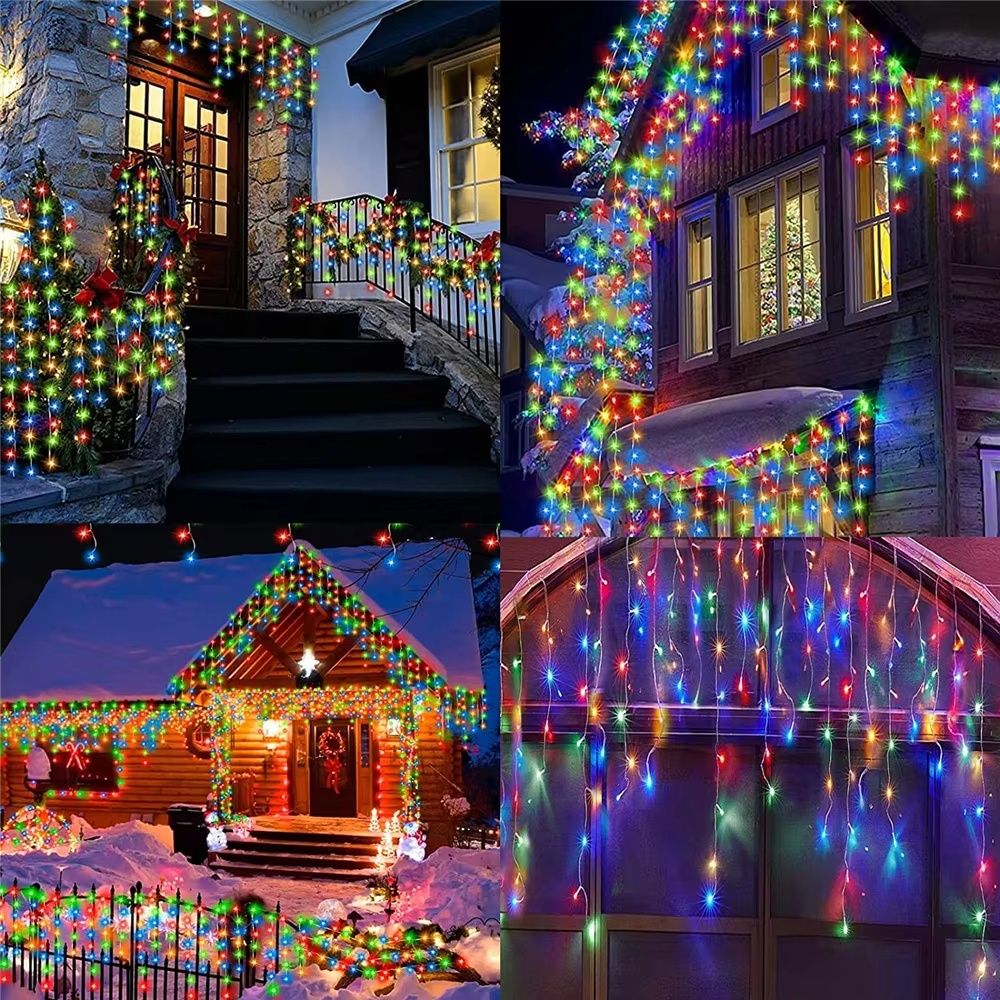 Christmas Lights Outdoor Waterproof Solar Curtain Icicle Lights Eaves Decor String Lights for Yard Party Holiday Decorations