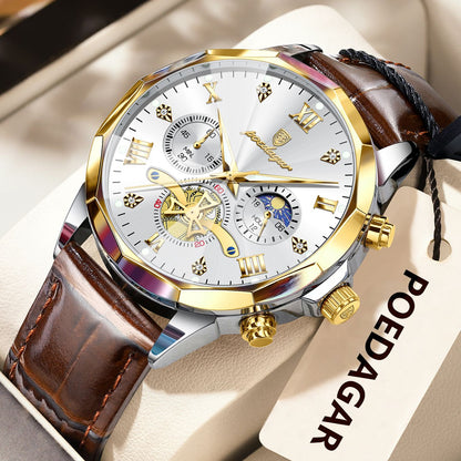 POEDAGAR Relógio de Pulso Militar de Luxo Masculino Quartzo Impermeável Luminoso Cronógrafo Couro Masculino Relógio Esportivo Masculino Relógio Masculino