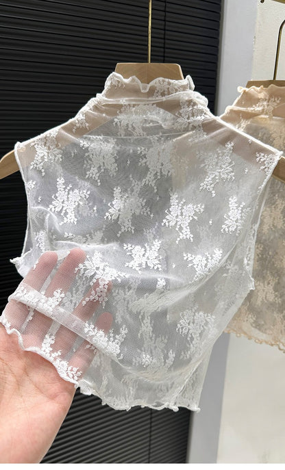 2024 New Lace Svel Mo Collar Top Women's Inner Wear f High Collar ort Length Base irt Korean Sle Commute Wind