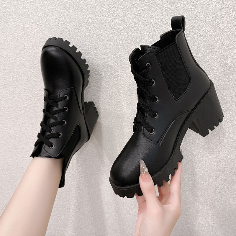 Women Retro Round Toe Chunky Heels Ankle Boots Autumn New High Heels Shoes Woman Lace Up Platform Short Booties Big Size 43