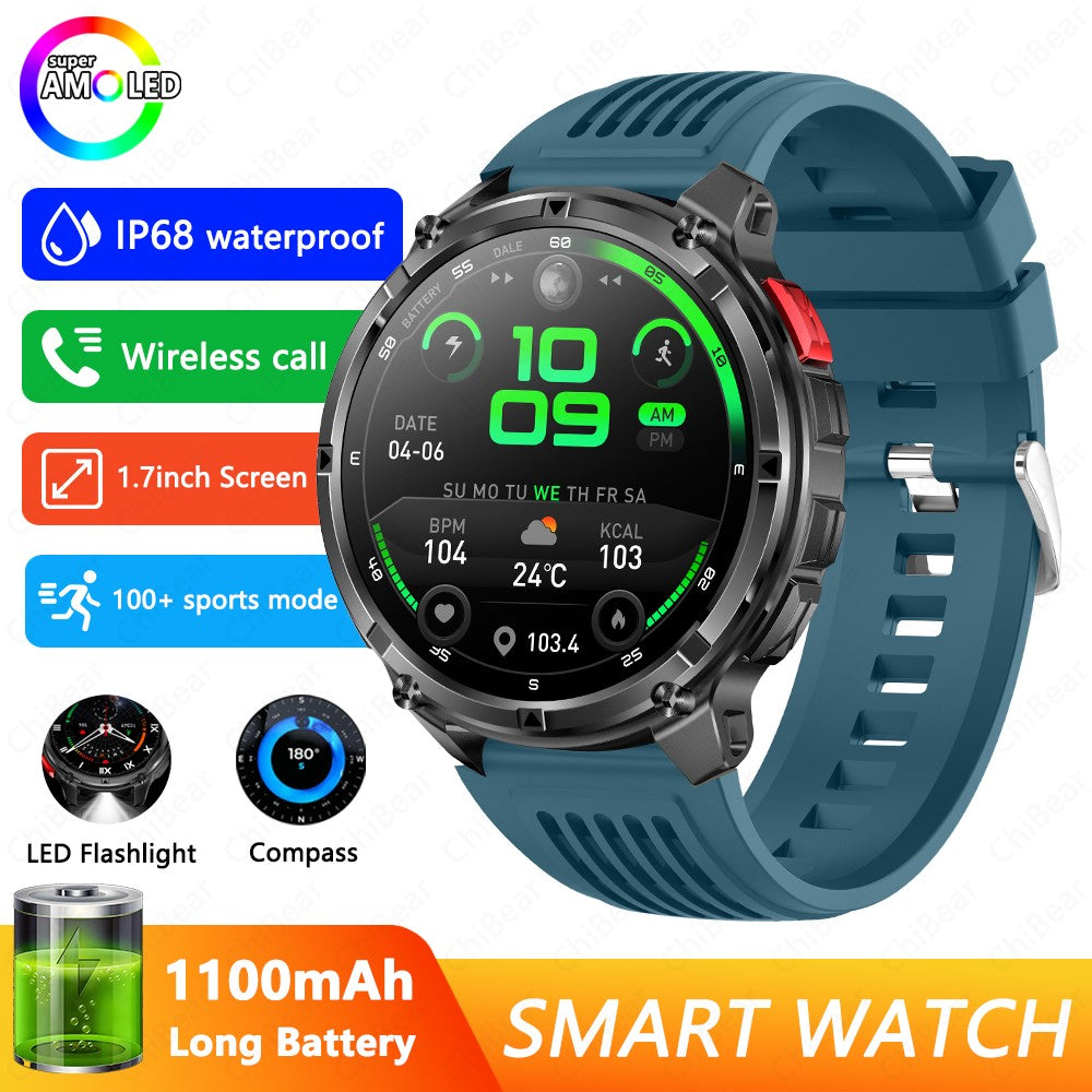 Relógio Inteligente Militar para Homens, Bateria de 1100mAh, Bússola, Monitor de Fitness, Tela AMOLED HD, Chamada BT, Smartwatch para Android IOS