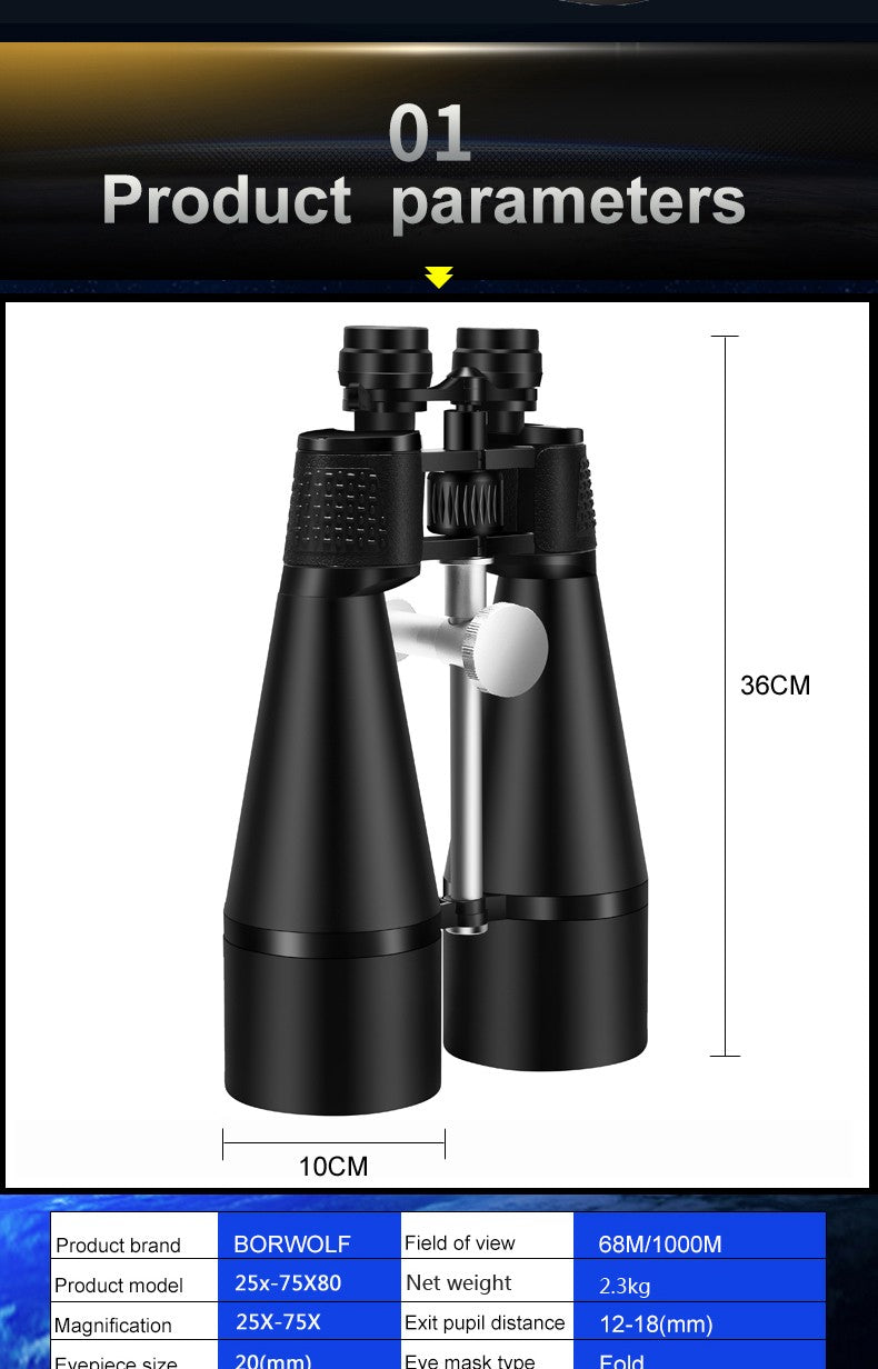 Novos Binóculos BORWOLF 2024 25-75X80 Alta Definição à prova d'água Militar Telescópio para Observação de Pássaros Caminhada Caça Esportes
