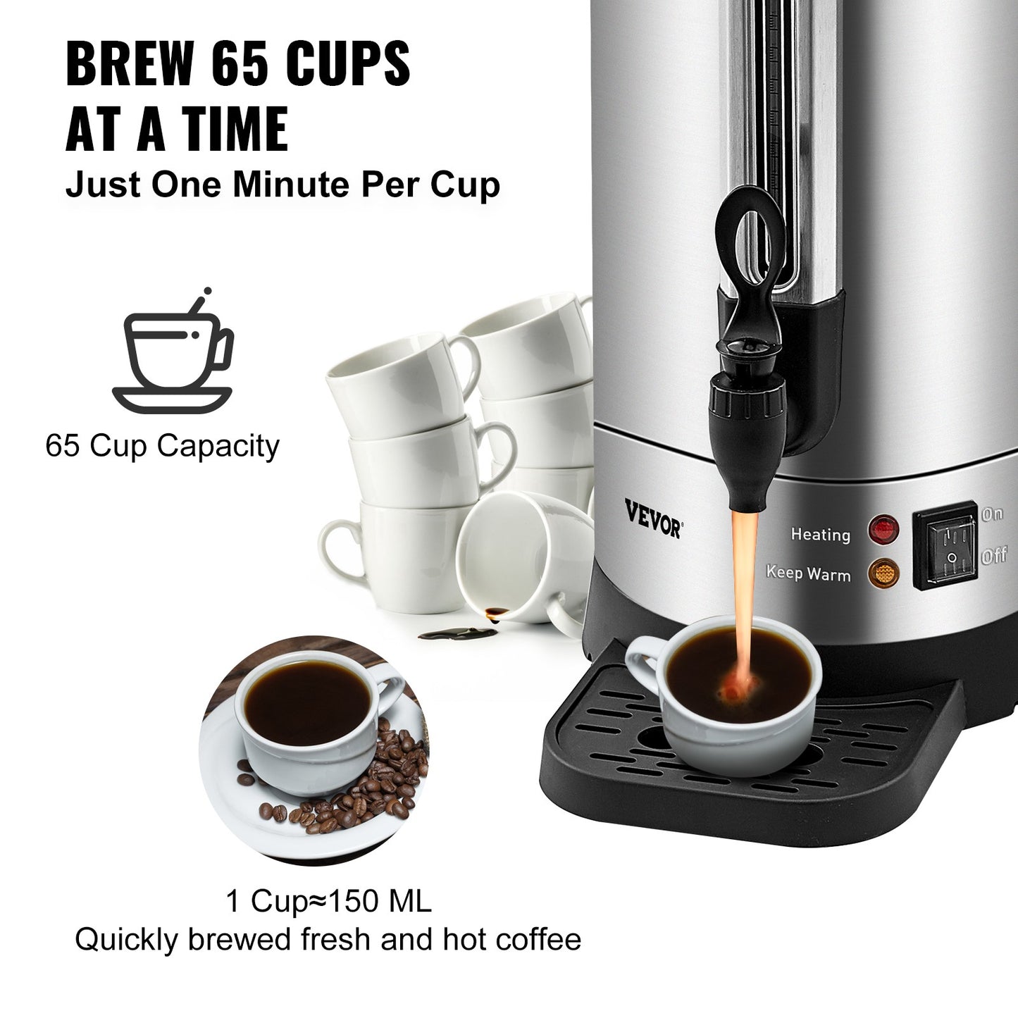 SucceBuy 65/110 Cups Stainless Steel Coffee Thermos Urn Commercial Hot Water Dispenser for Camping Fast Brewing Easy Cleaning