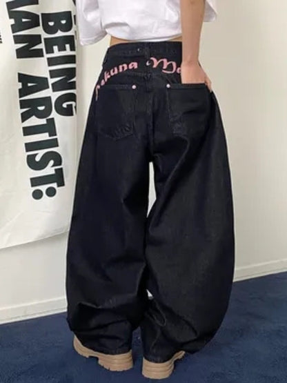 Ba Embroidered Letter Print Jeans Women's Spring New Sweet Cool Spicy Girl High Waist Slimming Long Pants Faionable Commute