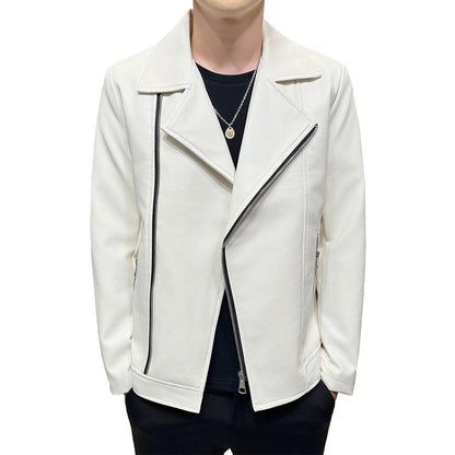 Autumn Men's Green Lapel PU Jacket, Black Faux Leather Motorcycle Coats, Coffee-Brown Casual Top, Asian Sizes Fit Slim Cut.