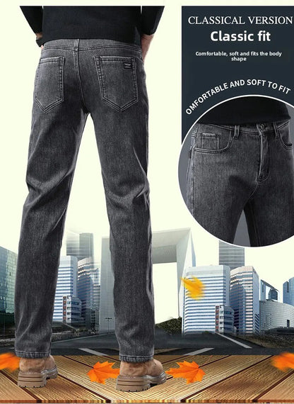 Calça Jeans Masculina de Inverno Slim Reta Elástica Jeans Casual Masculino Roupa Moda Calça Pelúcia Nova Moda Jeans Quente