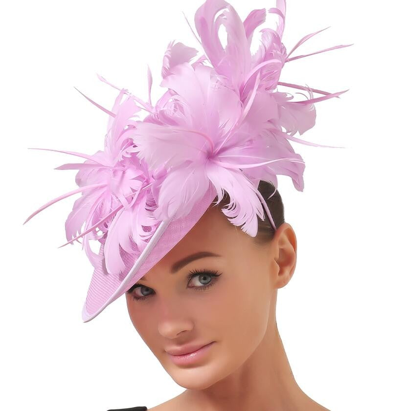 Bonés Cinzentos Millinery Com Acessórios de Tiara Imitação Sinamay Chapéu Derby de Coquetel Feminino Fascinadores de Cabelo de Noiva com Pena Chique