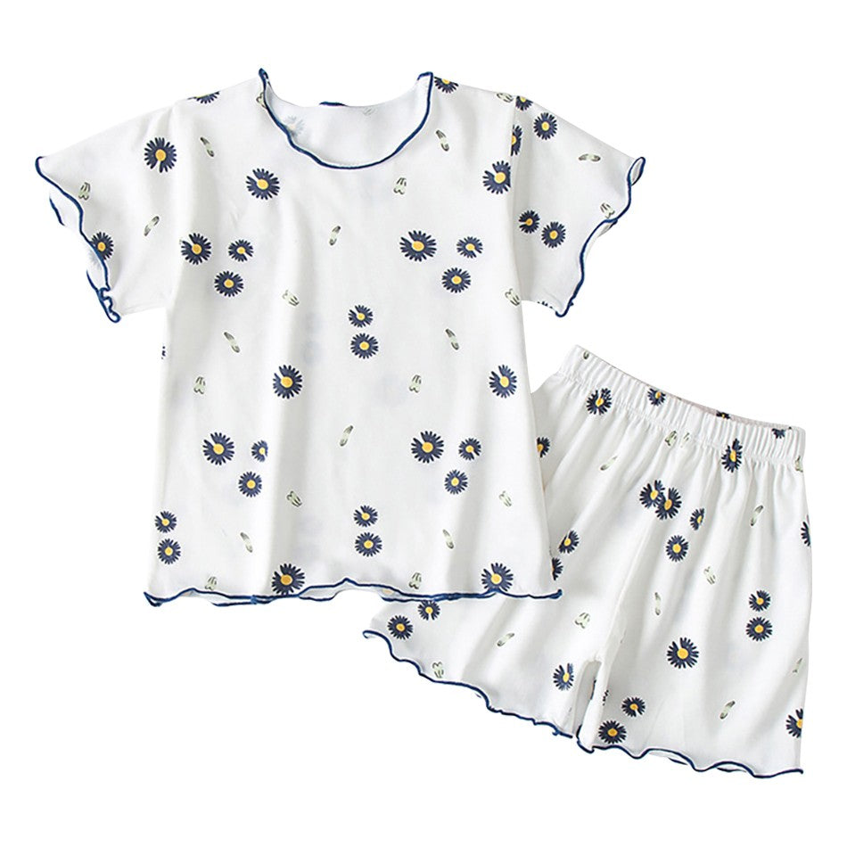 Girls Summer Pajama Sets Stylish Cartoon Pattern Printing Short Sleeve Top and Pants Made from Luxurious Cozy Ice Silk Material