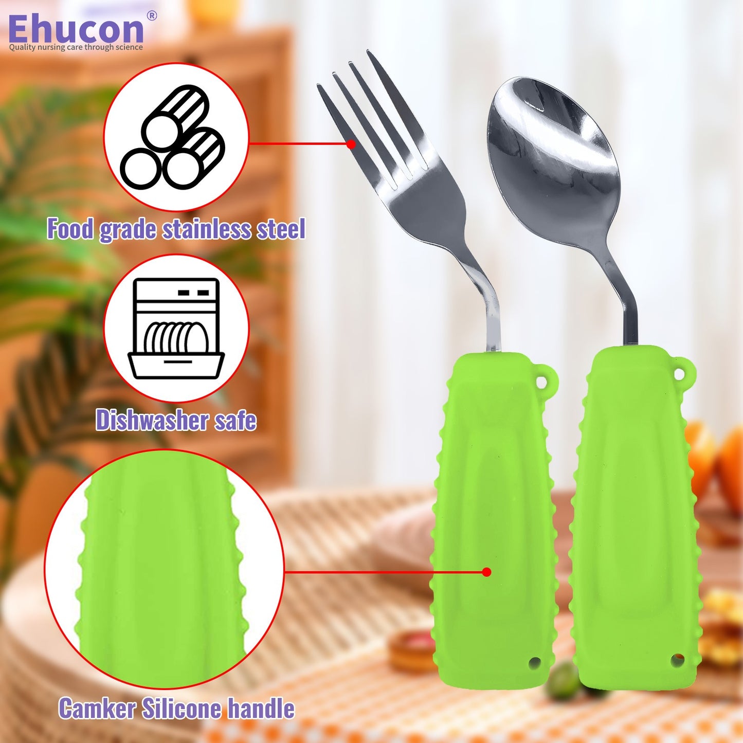 Garfo Curvo Inclinado Leve Ehucon Safety para Tremores, Parkinson, Idosos, com Cabos Antideslizantes de Fácil Aderência