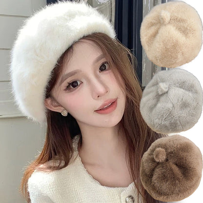Sweet Faux Rabbit Fur Beret Hat Women Autumn Winter Thicken Keep Warm Furry Flush Artist Flat Cap Solid Color Painter Hats