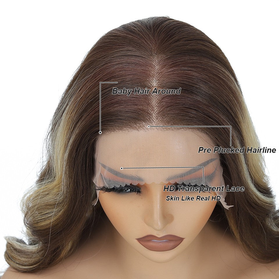 13X4 Lace Frontal Synthetic Body Wave Wigs Ombre Brown Heat Resistant Fiber Blond Swiss Transparent Lace Front Wigs For Women