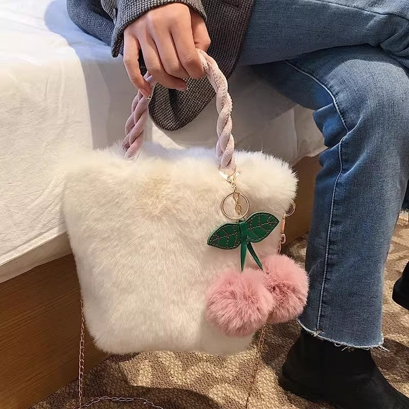 Faux Fur Crossbody Bags for Women Plush Small Purses and Handbag with Pompom Cherry Fluffy String Shoulder Bag Girl Clutch Purse