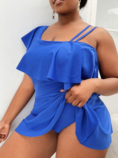 VigoJany 2025 Black Tankini Swimwear Women Plus Size Two Pieces Swimsuit Ladies Big One Shoulder Ruffle Tankini Bathing Suit