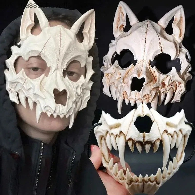 Halloween Skull Mask Long Teeth Demon Skeleton Half Face Cosplay Party Mask Scary Horror Wolf Dragon Tiger Costume Accessory