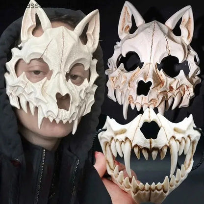 Halloween Skull Mask Long Teeth Demon Skeleton Half Face Cosplay Party Mask Scary Horror Wolf Dragon Tiger Costume Accessory