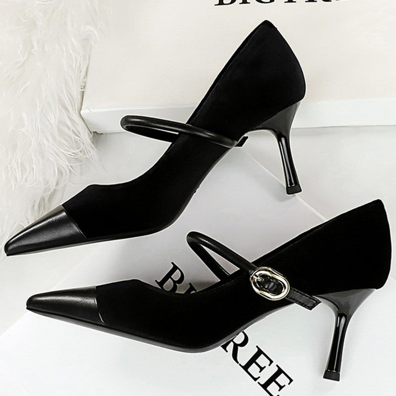 Korean Version Party 10cm 7cm High Heels Women Shoes Thin Heels Velvet Shallow Montage Pointed Toe Metal One-line Buckle Pumps