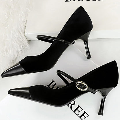 Korean Version Party 10cm 7cm High Heels Women Shoes Thin Heels Velvet Shallow Montage Pointed Toe Metal One-line Buckle Pumps
