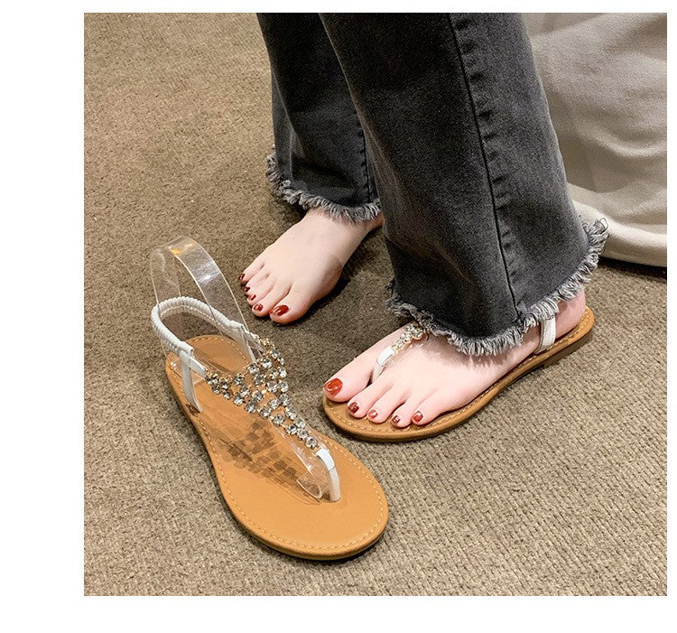 Summer New Flat Transparent Rhinestones Pintoe Women's Sandals, Fashion Casual Light Beach Cool, Shoes Women
