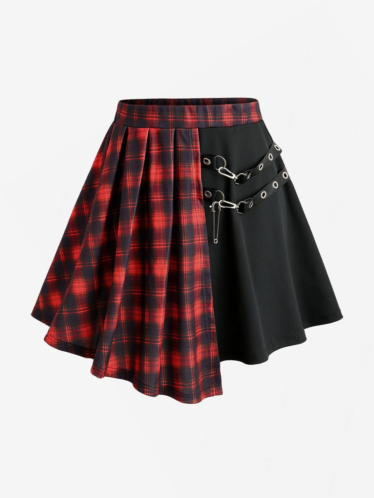 ROSEAGL Plus Size Plaid Patchwork Grommets PU Leather Stripes Asymmetrical Skirt Female Casual Large Size Women Y2K Skirts