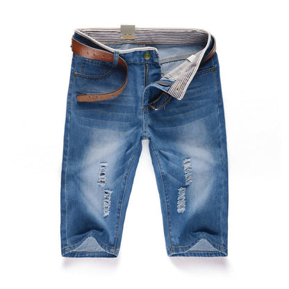New Summer Men's Personalized Washable Perforated Denim Short Pants Male Casual Straight Short Jeans