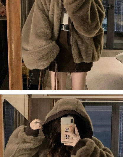 American Retro Reversible Velvet Zipper Hooded Jacket Women Winter Fashion Street Thick Loose Warm Harajuku Casual Plush Jacket