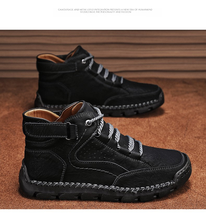 Botas masculinas costuradas à mão, sapatos casuais plus size, botas confortáveis e macias, botas antiderrapantes para uso externo